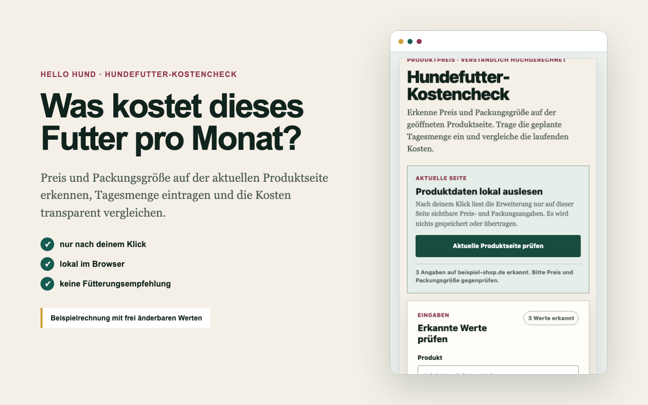 Vorschau des Hundefutter-Kostenchecks mit lokaler Produktprüfung und Monatskostenberechnung