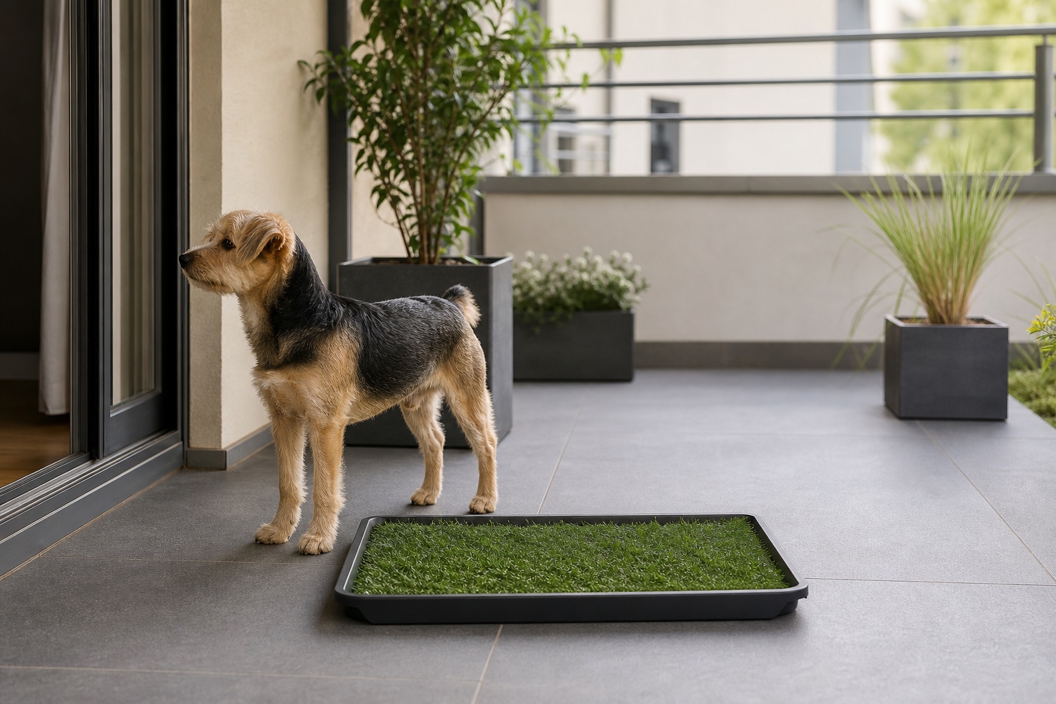 Kleiner Hund steht neben einer sauberen Hundetoilette mit Rasenauflage auf einem Balkon